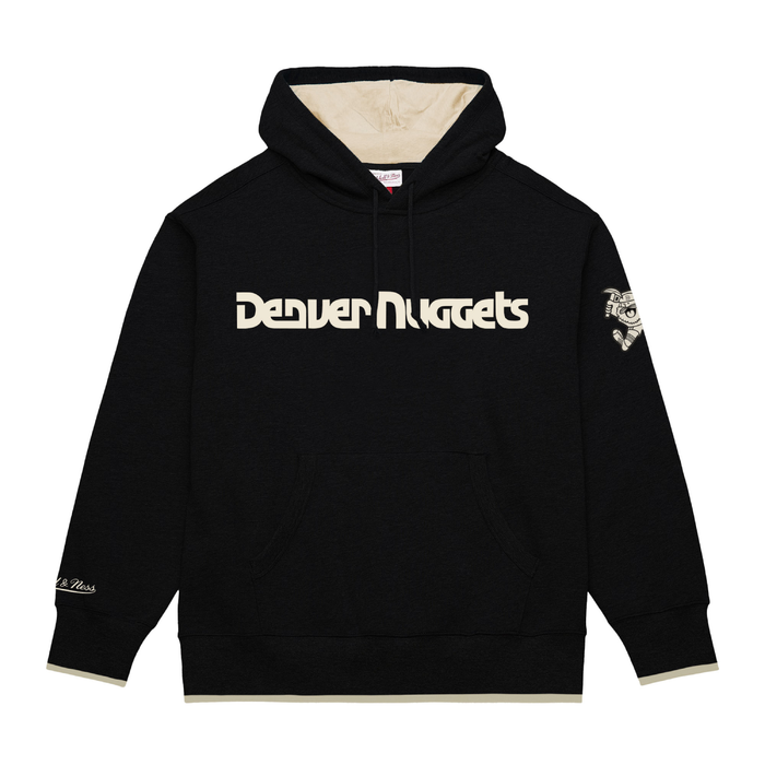 Front View, Black hoody with 'Denver Nuggets' text in cream color on a white background
