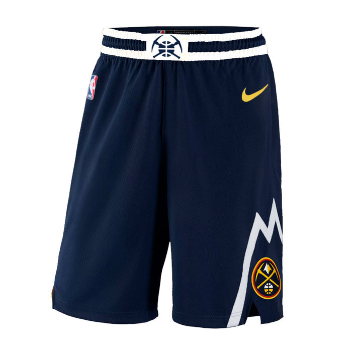 Front view of navy blue Denver Nuggets athletic shorts featuring a striped white waistband, gold Nike swoosh, and a white mountain silhouette graphic on the left leg