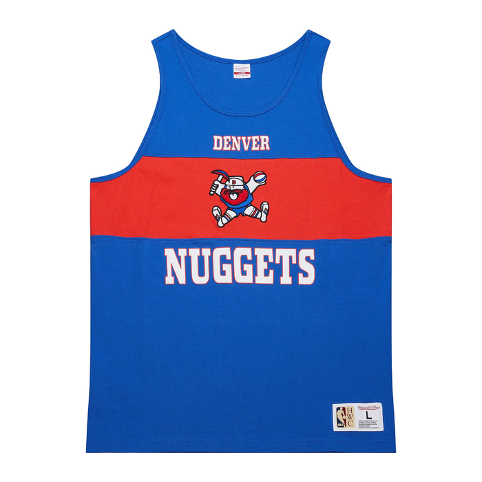 Front view, A royal blue vintage Denver Nuggets tank top featuring a red chest stripe with a retro miner mascot logo and white 'DENVER NUGGETS' text