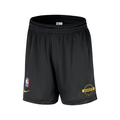 Front view of black Nike basketball training shorts featuring a gold Denver Nuggets logo emblem and an NBA logo patch