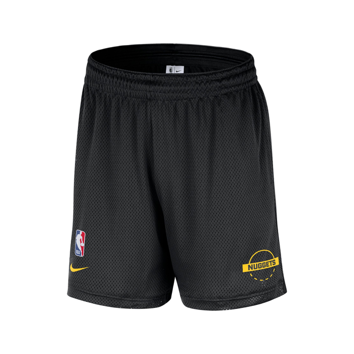 Front view of black Nike basketball training shorts featuring a gold Denver Nuggets logo emblem and an NBA logo patch