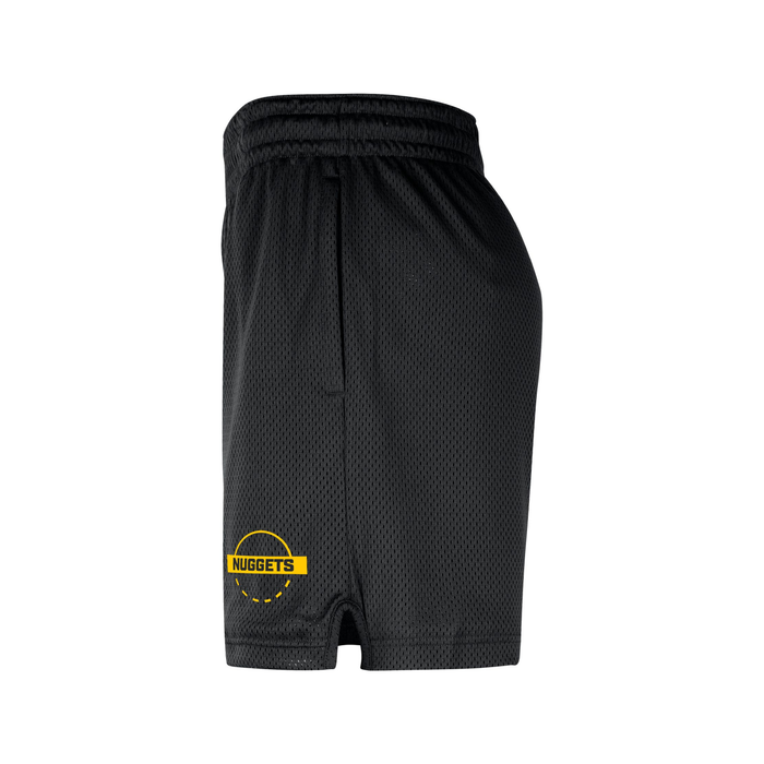Side profile view of the black mesh training shorts showcasing the golden Denver Nuggets text emblem on the lower left leg