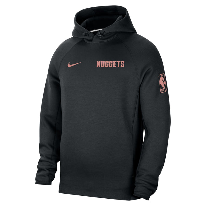 Front view of a black Denver Nuggets Nike pullover hoody featuring coral pink colors  a team logo on the chest and an NBA logo on the sleeve,