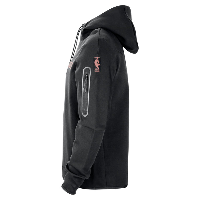 Side profile view of a black Denver Nuggets Nike hoody showing the arm sleeve detailing and a zippered pocket