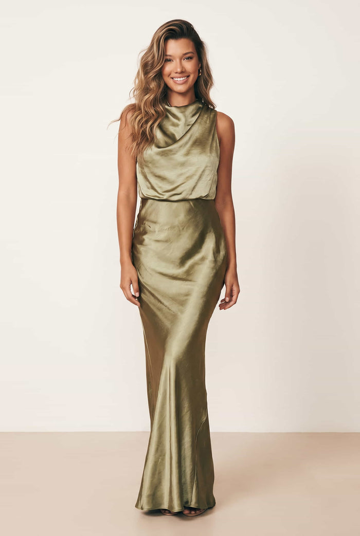 Drape Neck Maxi Satin Dress / Olive