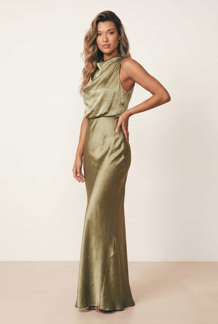 Drape Neck Maxi Satin Dress / Olive