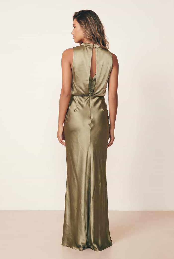 Drape Neck Maxi Satin Dress / Olive