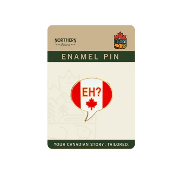 Enamel pin packaging with a red and white design and 'EH?' text on a beige card.