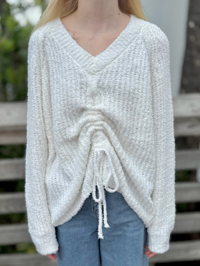 Front of Ella Reversible V neck Sweater