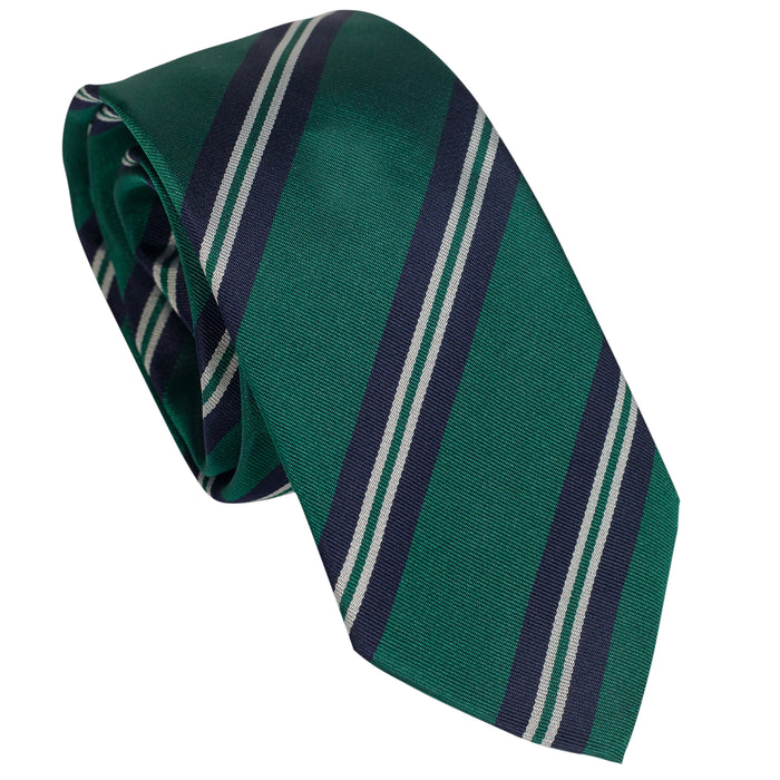 English Green 100% Italian Silk Tie With Navy Blue Regimental Stripes
