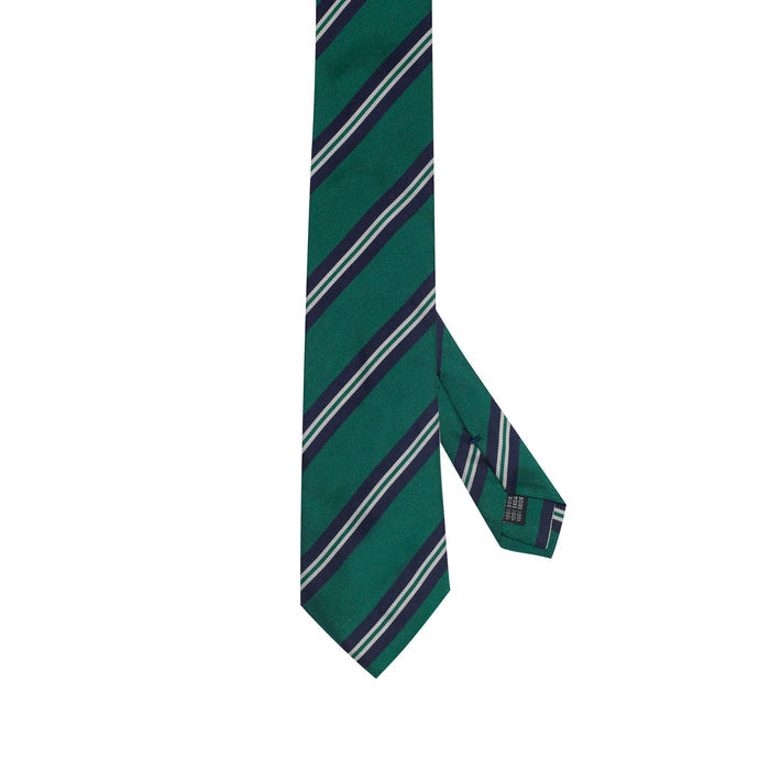 English Green 100% Italian Silk Tie With Navy Blue Regimental Stripes