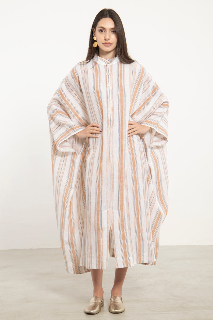 Fahed Buttoned Linen Beige Stripes Jellaba