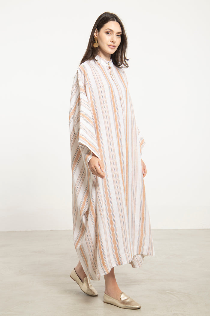 Fahed Buttoned Linen Beige Stripes Jellaba
