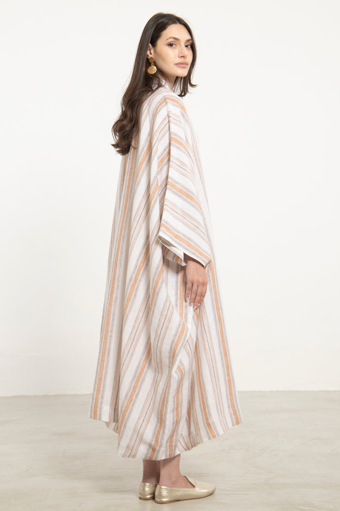 Fahed Buttoned Linen Beige Stripes Jellaba