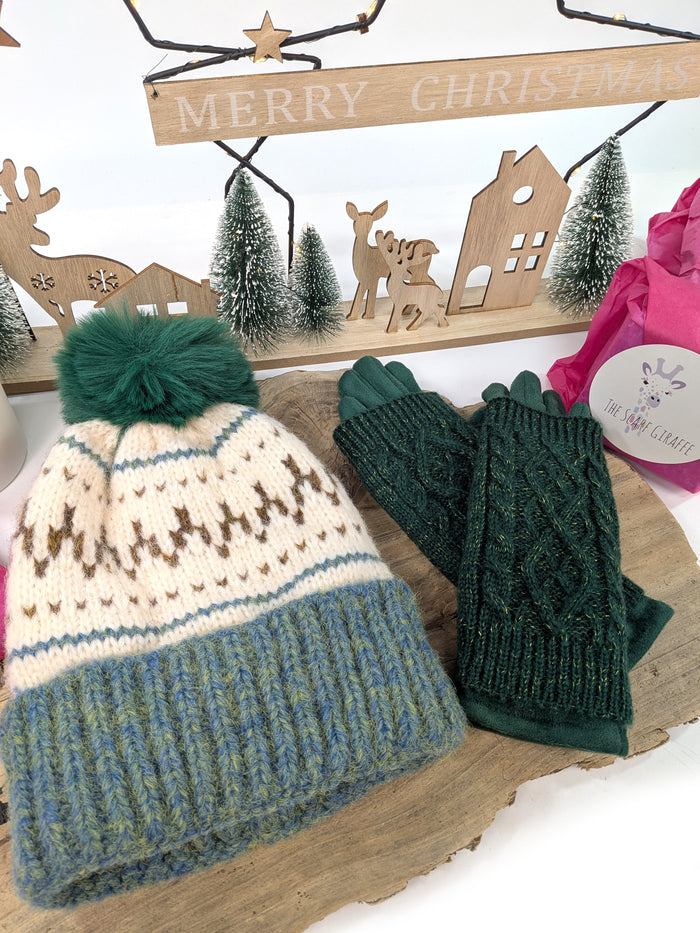 Forest Fairisle Gift Set – Green Bobble Hat & 3-in-1 Gloves
