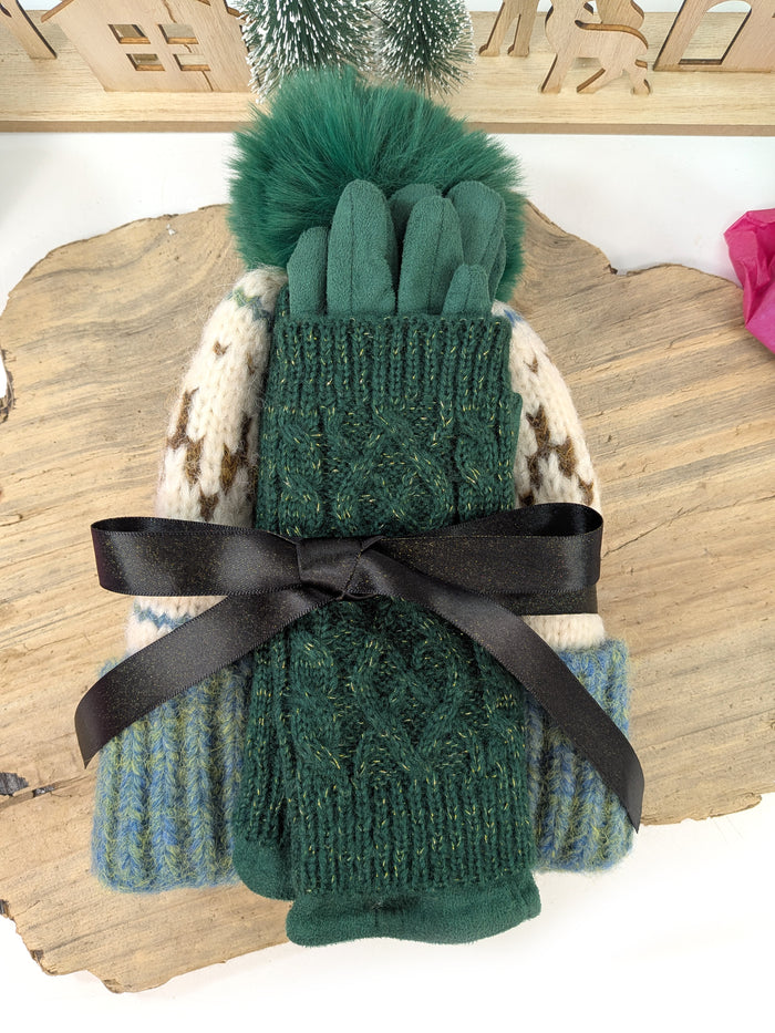Forest Fairisle Gift Set – Green Bobble Hat & 3-in-1 Gloves