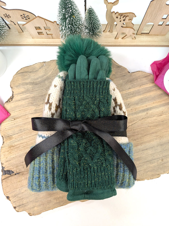 Forest Fairisle Gift Set – Green Bobble Hat & 3-in-1 Gloves