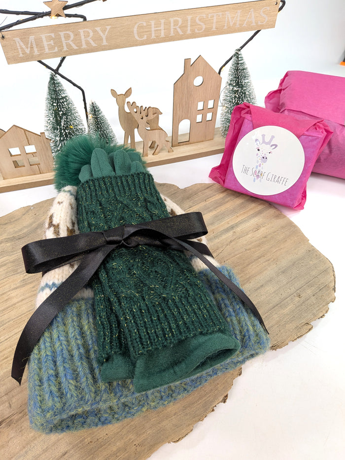 Forest Fairisle Gift Set – Green Bobble Hat & 3-in-1 Gloves
