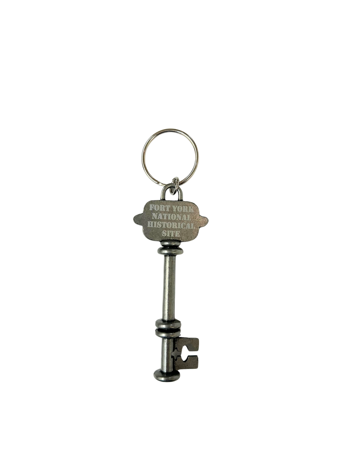 Key-shaped keychain with 'Fort York National Historic Site' text on a white background