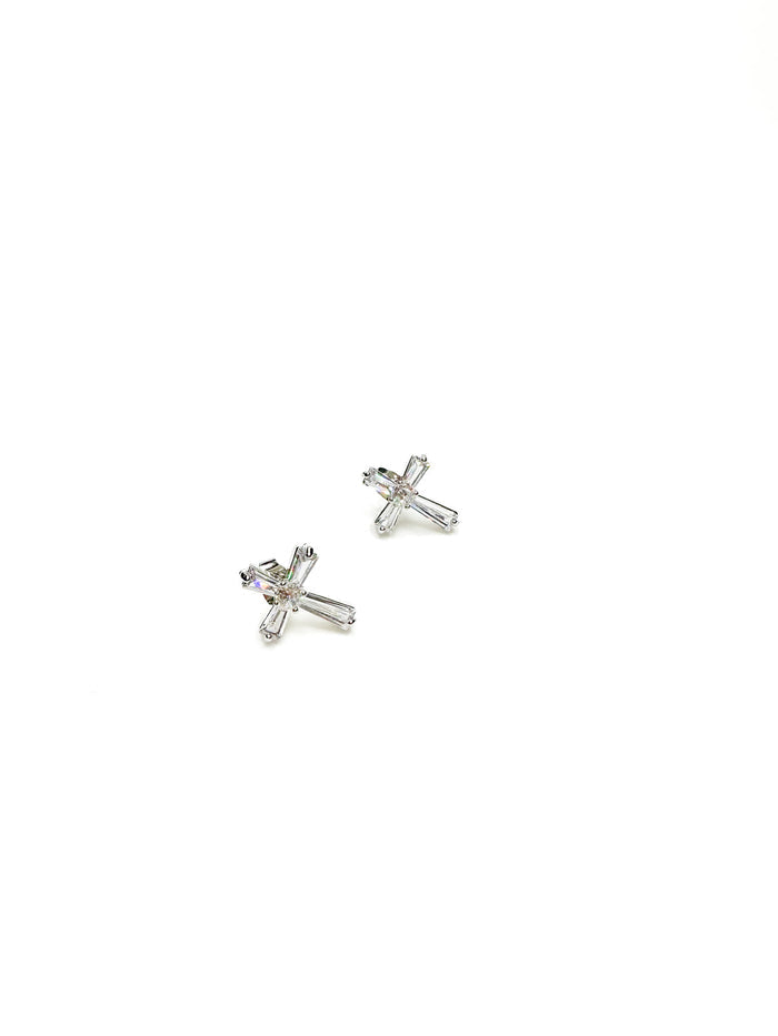Grace Cross Studs in silver with baguette-style crystals from Ardor Boutique