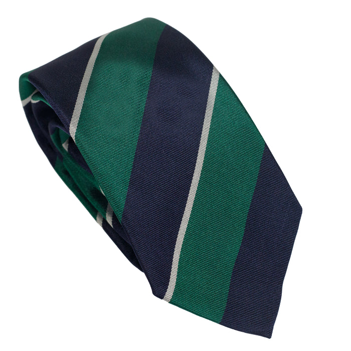 Green 100% Italian Silk Tie With Navy Blue Regimental Stripes