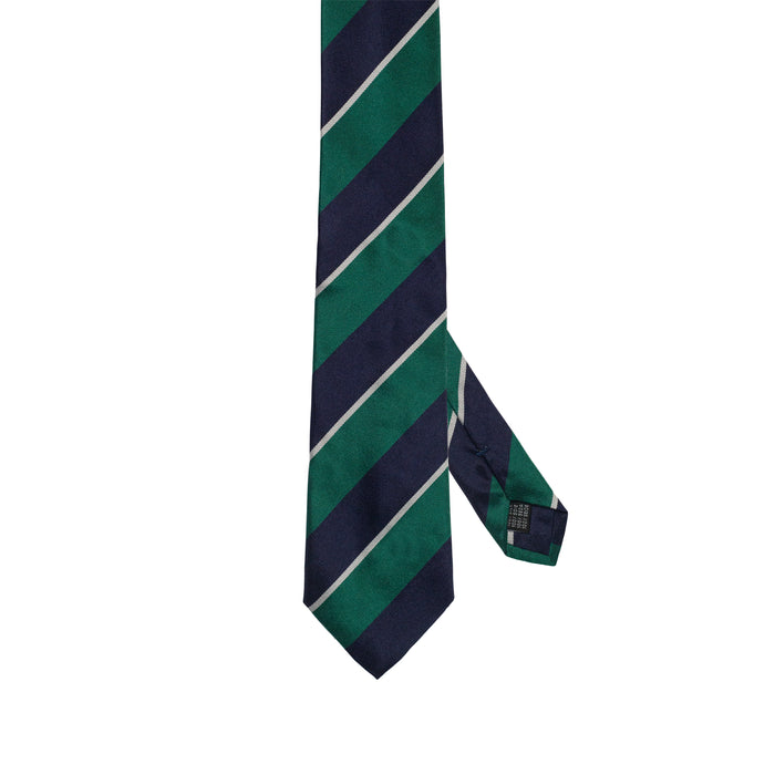 Green 100% Italian Silk Tie With Navy Blue Regimental Stripes