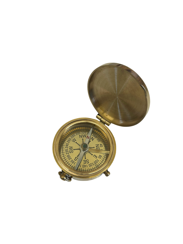 Brass compass on a white background