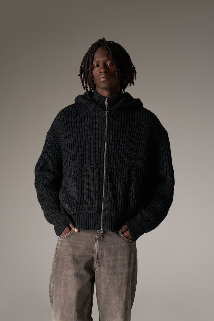 HEAVY RIB KNITTED ZIP THROUGH HOODIE - BLACK
