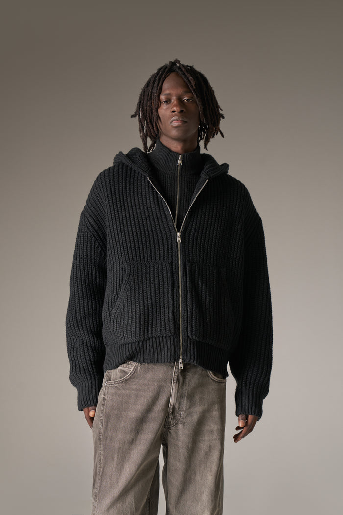 HEAVY RIB KNITTED ZIP THROUGH HOODIE - BLACK