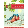 Christmas card with two birds on a branch, holly leaves, and 'Peace & Joy' text.