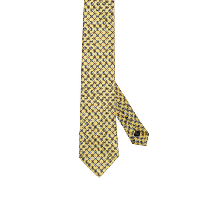 Intense Yellow Pure 100% Italian Silk Tie with Blue and Burgundy Micro Medallion Pattern