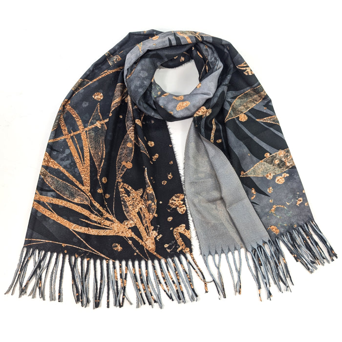Kursi - Golden Leaf Pashmina Style Scarf (70x180cm) - Black
