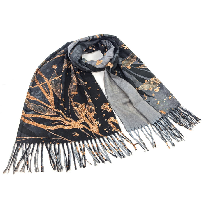 Kursi - Golden Leaf Pashmina Style Scarf (70x180cm) - Black