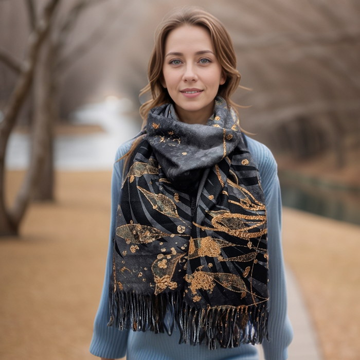 Kursi - Golden Leaf Pashmina Style Scarf (70x180cm) - Black