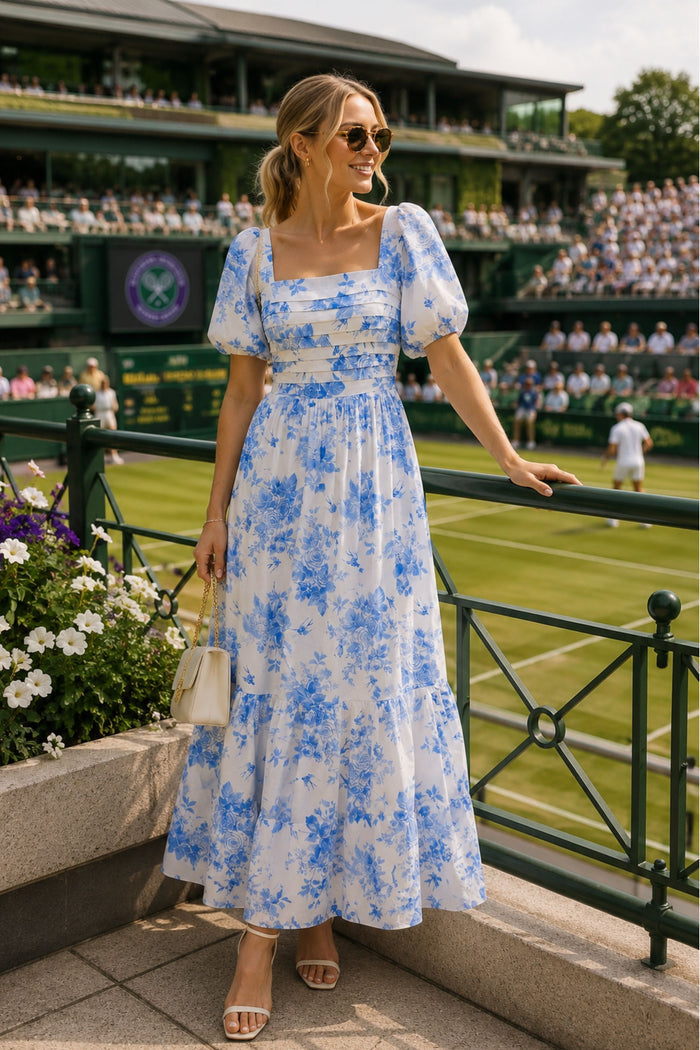 Leighton Puff Sleeve Midi Dress in Blue Floral