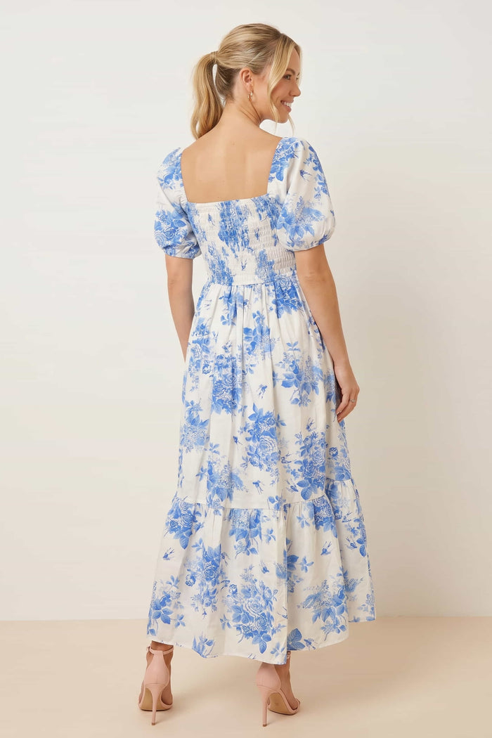 Leighton Puff Sleeve Midi Dress in Blue Floral