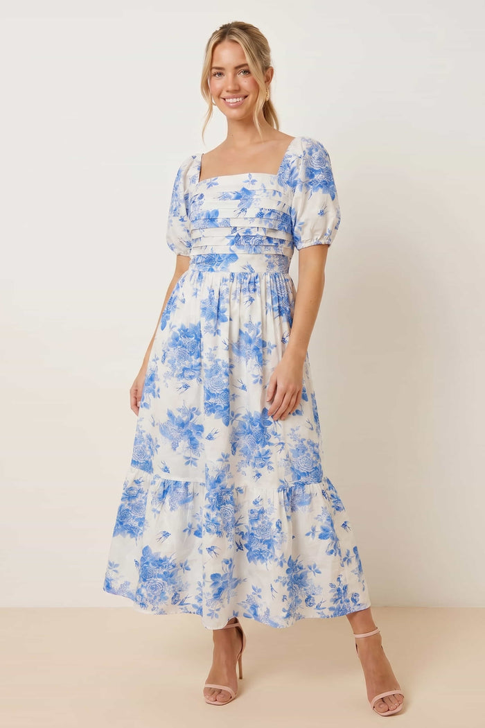 Leighton Puff Sleeve Midi Dress in Blue Floral
