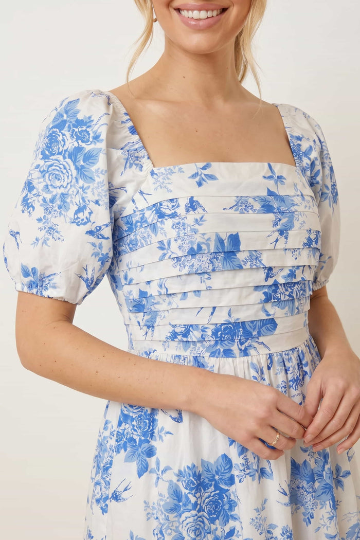 Leighton Puff Sleeve Midi Dress in Blue Floral