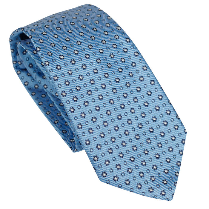 Light Blue 100% Italian Silk Tie With Micro Blue Floral  Pattern
