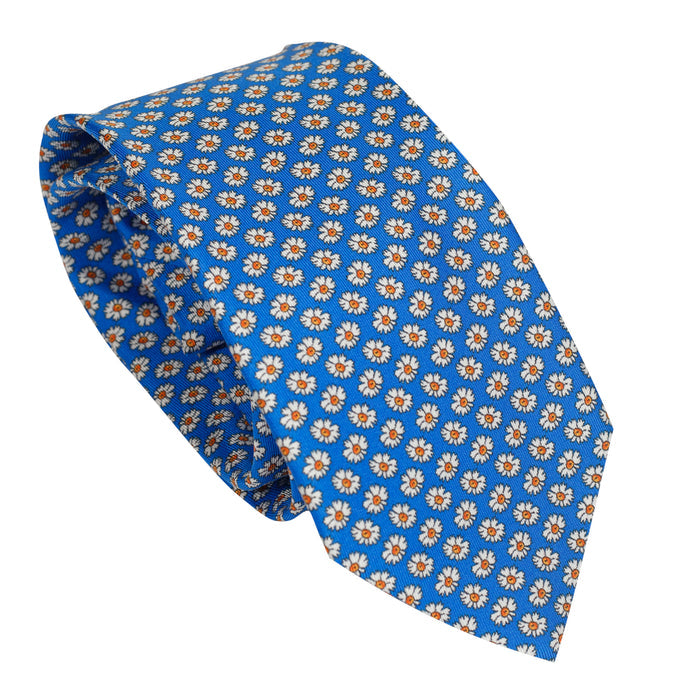 Light Blue 100% Italian Silk Tie With Whimsical Bold Floral Pattern