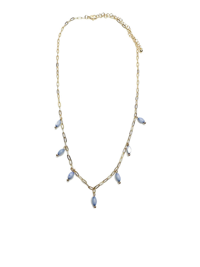 Gold necklace with small lavender drop beads evenly spaced along the front, laid flat on white background