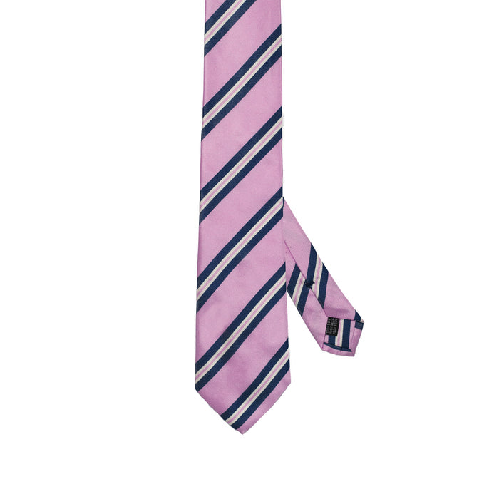 Lilac 100% Italian Silk Tie With Blue Regimental Stripes
