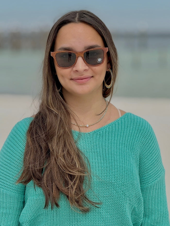Lily Sweater in Aqua styled with Shwood Redwood sunglasses and aqua beaded jewelry on model