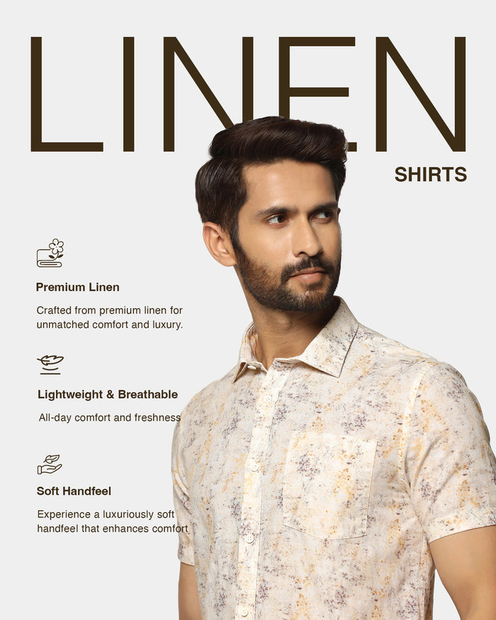 Linen Casual Half Sleeve Beige Printed Shirt - Gabin
