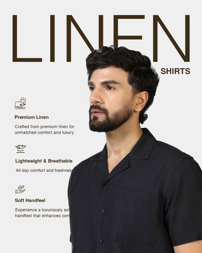 Linen Casual Half Sleeve Black Solid Shirt - Maison