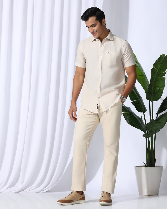Linen Casual Half Sleeve Natural Solid Shirt - Salmon