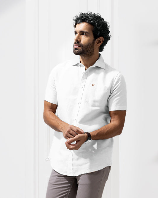 Linen Casual Half Sleeve White Solid Shirt - Salmon