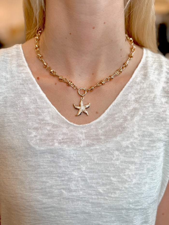 Lola Starfish Necklace in gold with textured pendant on model neck