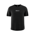 Black short-sleeve tee with white Japanese text in a rounded rectangle centered on the chest and a small logo tag at the hem.
