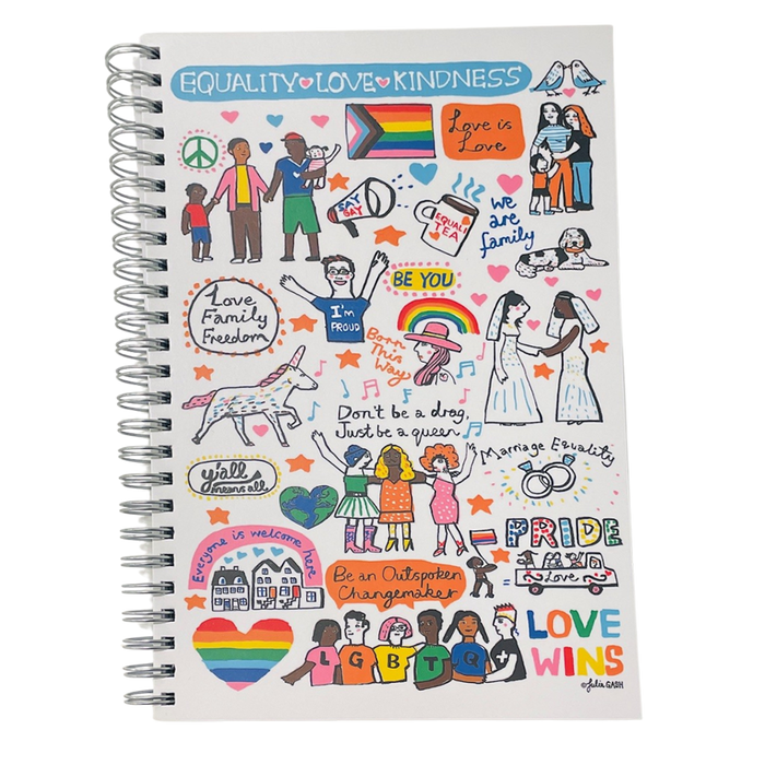 Spiral Journal cover with Equality, Love and Kindness written at the top and colurful graphics depicting the Pride community.
